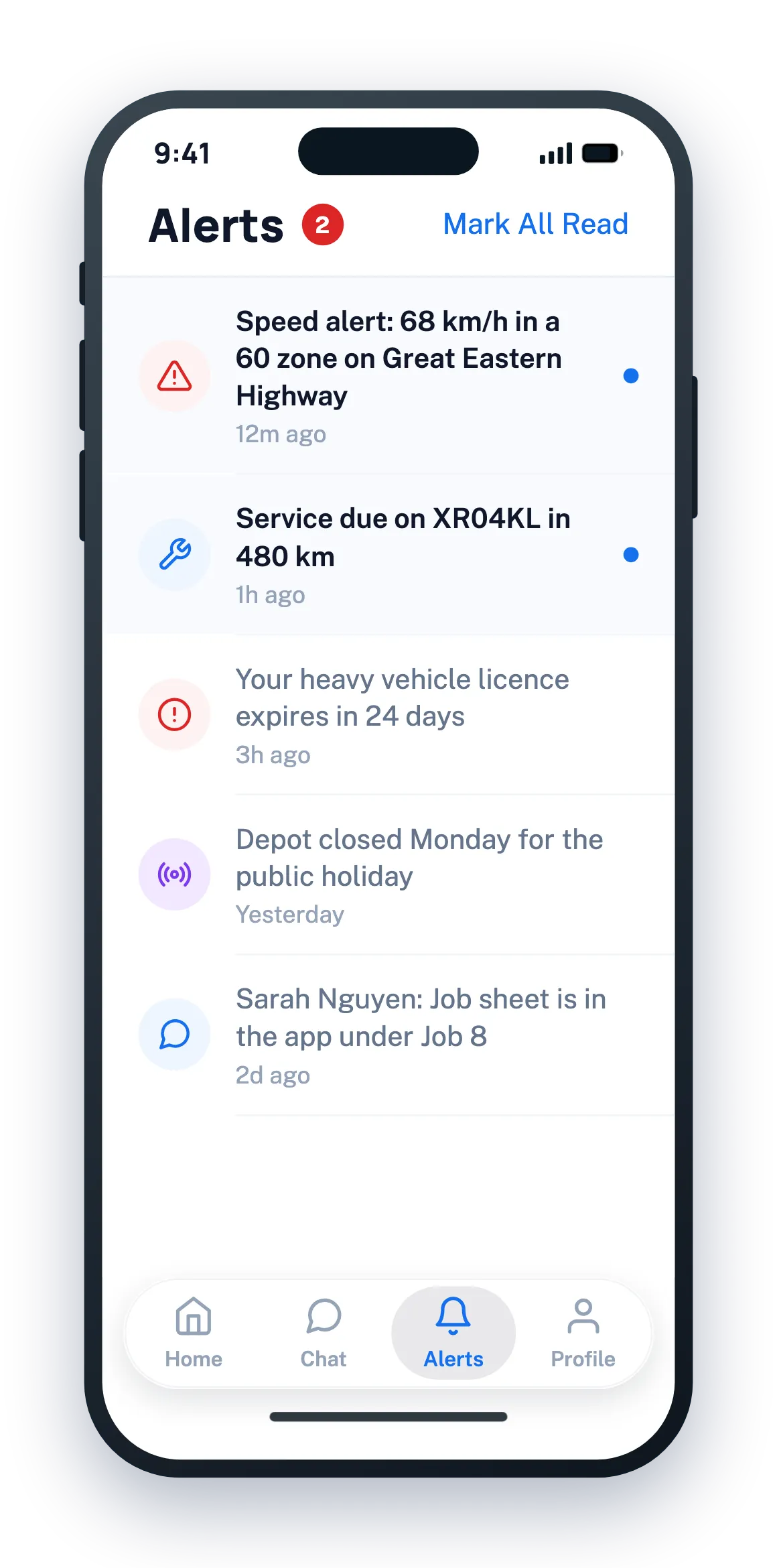 Prevado Driver app, alerts screen