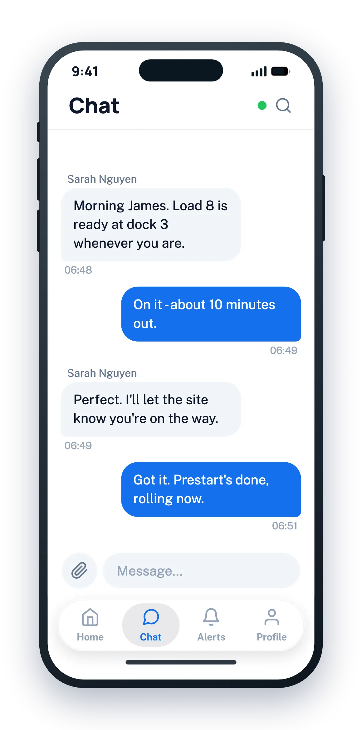 Prevado Driver app, messaging screen