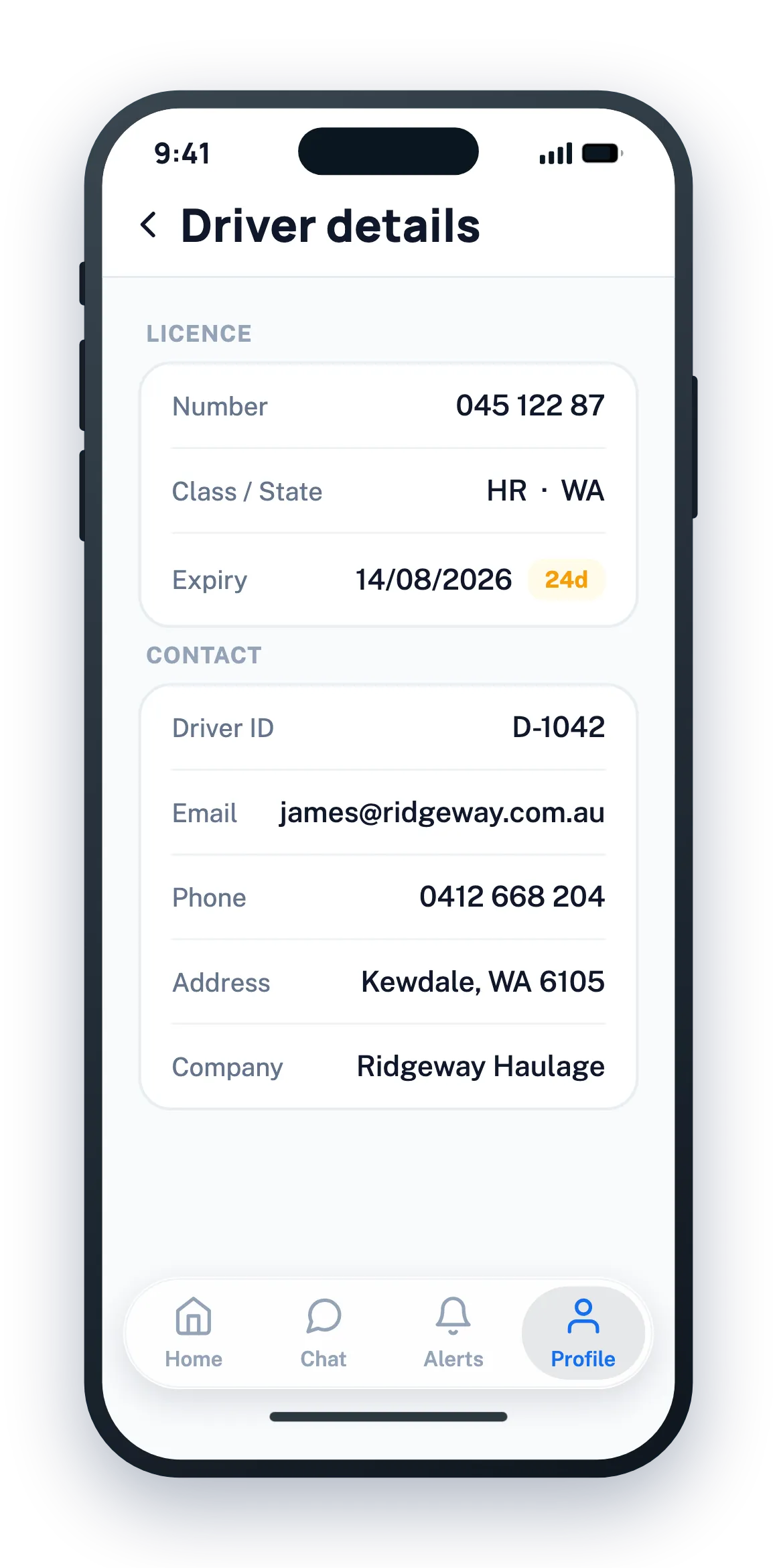 Prevado Driver app, compliance screen