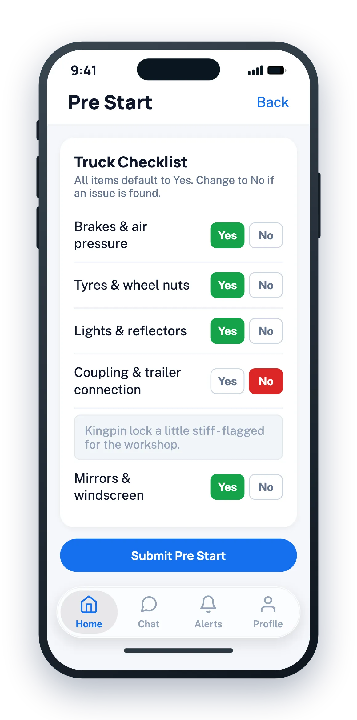 Prevado Driver app, prestart screen